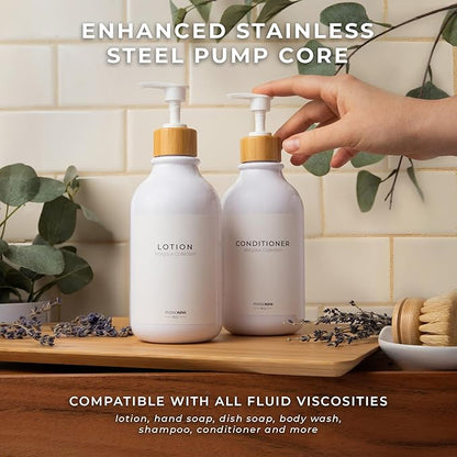 Maisonovo Plastic Soap Dispenser Set | Hand Soap and Dish Soap Dispenser Set | 16.9oz Amber Bottles with Black Bamboo Pump | Bathroom Lotion Dispenser with Pump Set of 2
