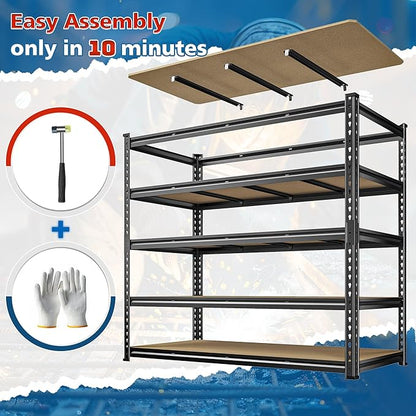 55" W Storage Shelves, 2550LBS Garage Shelving, 5-Tier Metal Shelving Unit, Adjustable Heavy Duty Shelving for Garage, Warehouse, Pantry, Kitchen, 55" W × 24" D × 72" H, Black