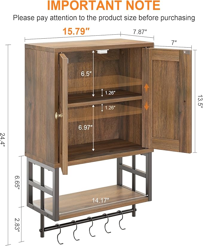 Farmhouse Medicine Cabinet - 3-Tier Wall Mounted Storage Organizer with Adjustable Shelves, Towel Bar, 5 Hooksfor Small Bathroom, Laundry Room, Over Toilet, Living Room, Bedroom (Walnut)