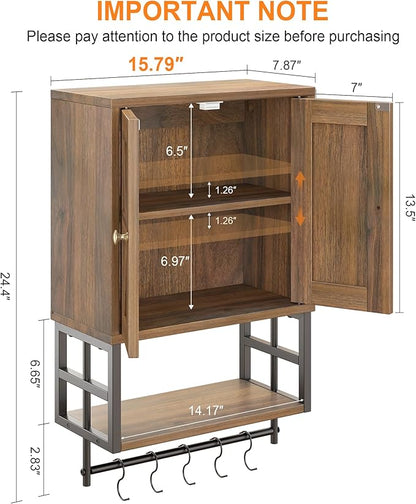 Farmhouse Medicine Cabinet - 3-Tier Wall Mounted Storage Organizer with Adjustable Shelves, Towel Bar, 5 Hooksfor Small Bathroom, Laundry Room, Over Toilet, Living Room, Bedroom (Walnut)