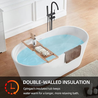 Cpingao 67" Solid Surface Freestanding Bathtub, Modern Oval Stone Resin Stand Alone Soaking Tub with Drain & Overflow, Matte White 8816-1700