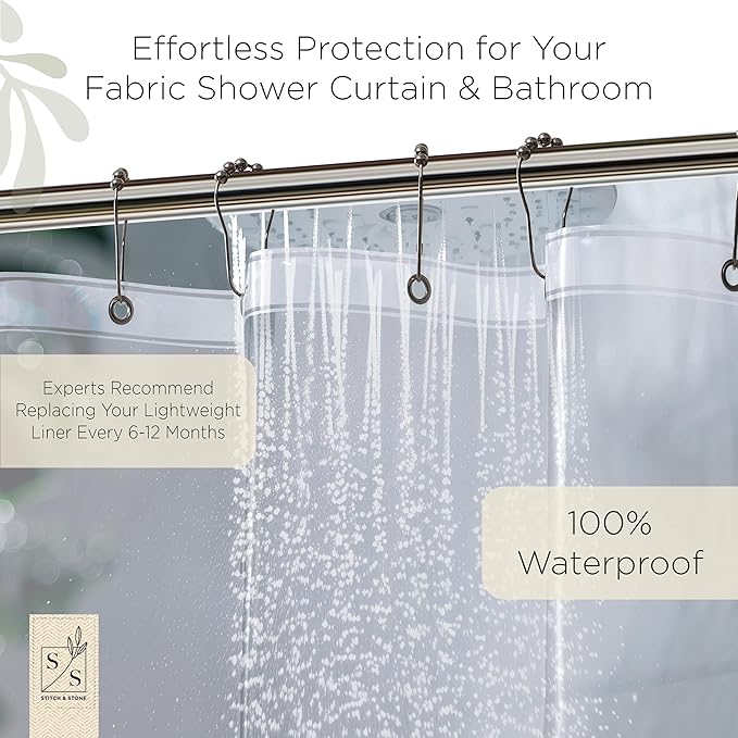 Stitch & Stone Shower Curtain Liner, Premium Extra Lightweight Durable Waterproof 3g PEVA for Bathroom with Weighted Magnets, Standard Size 70" x 72" Clear 1 Pack