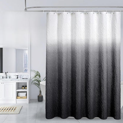 MitoVilla Black Ombre Shower Curtain Set with Hooks, Waves Textured Fabric Shower Curtains for Modern Luxury Bathroom Decor, 3D Marble Geometric Embossed Cloth Bathroom Shower Curtain, 72 x 72