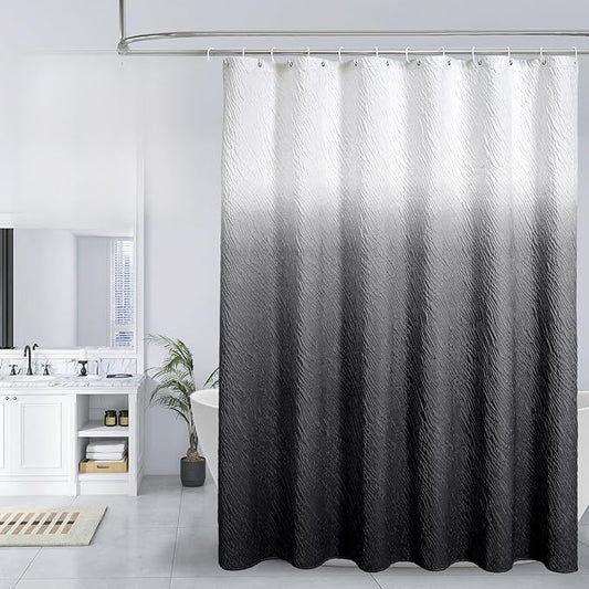 MitoVilla Black Ombre Shower Curtain Set with Hooks, Waves Textured Fabric Shower Curtains for Modern Luxury Bathroom Decor, 3D Marble Geometric Embossed Cloth Bathroom Shower Curtain, 72 x 72
