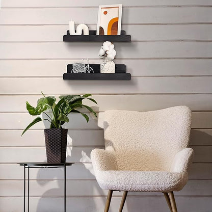 Floating Shelves for Wall 12 inch, Waterproof, Wall Storage Shelves with Lip, Display Picture Ledge Shelf for Living Room Photo Frame, Natural Wood Hanging Book Shelves (Black, Set 2)