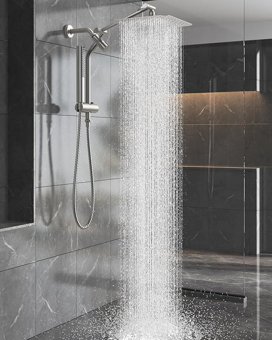 Veken Brushed Nickel Shower Head, 10'' All Metal Rain Shower Heads with Handheld Spray Combo, Hand Held Bathroom Combo with Extension Arm, Dual shower with Power Wash, Adjustable Rainfall Showerhead