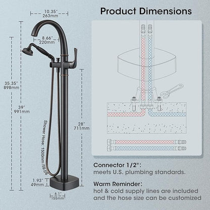 Free Standing Tub Faucet, Jabbol Premium Brass Luxury Freestanding Bathtub Faucet, Bathroom Floor Mount Tub Filler with Handheld Sprayer, Classic Roman Tub Faucets Oil Rubbed Bronze (JB-8811ORB)