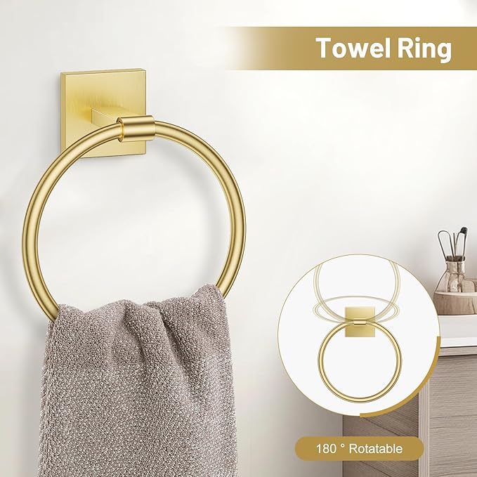 TURS Brushed Gold 5 Piece Bathroom Hardware Accessories Set, SUS304 Stainless Steel Bath Towel Bar Set, 24 Inch Round Bathroom Towel Holder Set Wall Mounted