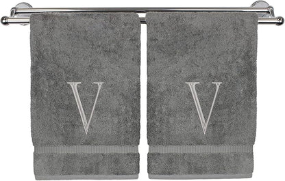 Monogrammed Hand Towel, Personalized Initial Gift, Extra Absorbent 100% Turkish Cotton - Soft Terry Finish - Set of 2 - Silver Block Initial V - Embroidered on Grey Towels