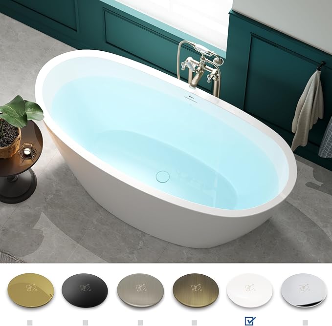 FerdY Naha 67" Freestanding Bathtub, Curve Edge Soaking Bathtub with Polished White Drain and Minimalist Linear Design Overflow, Easy to Install