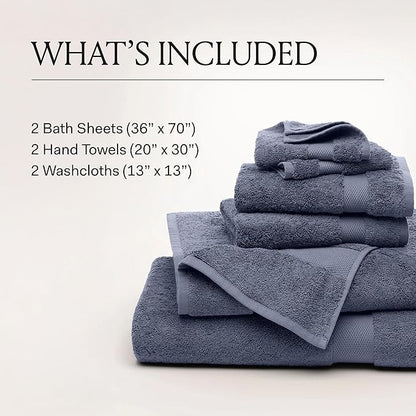 BOLL & BRANCH Plush Bath Sheet Set - Mineral - 6 Piece - Includes 2 Oversized Bath Sheets, 2 Hand Towels & 2 Washcloths - 100% Organic Cotton - Ultra Soft & Luxurious - Quick Absorbing