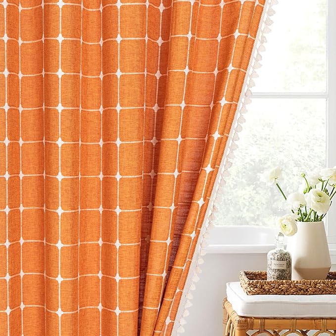 MitoVilla Orange Boho Shower Curtains for Modern Farmhouse Bathroom Decor, Vintage Country Thick Polyester Linen Fabric Shower Curtain, Rustic Tassel Cloth Shower Curtain, 72 x 72