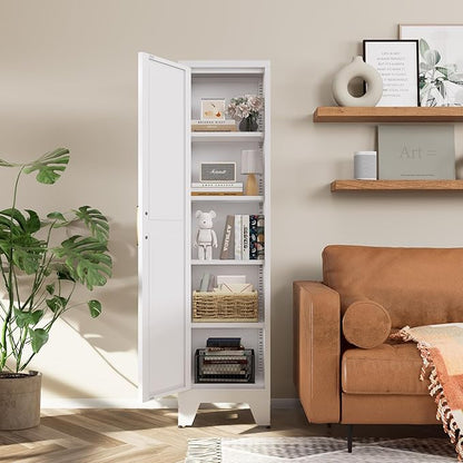 COFaR Tall Bathroom Storage Cabinet, Metal Farmhouse Narrow Slim Cabinet with Adjustable Shelves Barn Door for Bathrooms, Kitchens, Entrances Living Room (White)