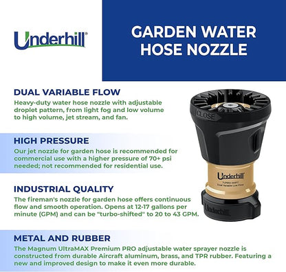Underhill Magnum UltraMAX Premium PRO Series-TurboShift 1 Inch Garden Water Hose Nozzle, Sprayer, Jet, Metal and Rubber, Adjustable, NG650-DFH-10
