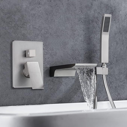 Wall Mount Tub Filler Faucet with Waterfall Tub Spout Waterfall Bathtub Faucet with Handheld Shower Modern Tub Filler Faucet Single Handle, Brushed Nickel