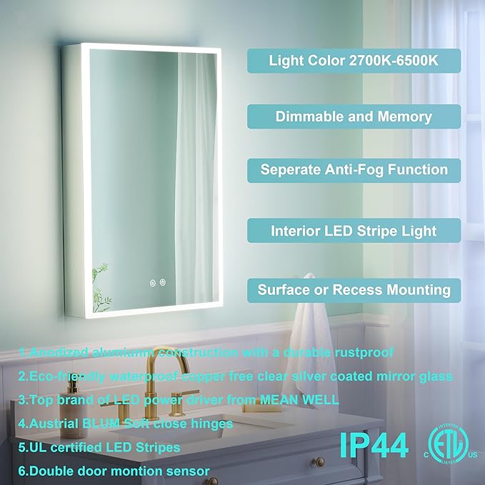 WELLFOR 20" X 30" LED Medicine Cabinet with Mirror, 3X Magnifiying Mirror Cabinet, Defogging/Dimmable Bathroom Mirrored Cabinet, Lighted Medicine Cabinet with Outlets & USB Ports, Right Opening Doors