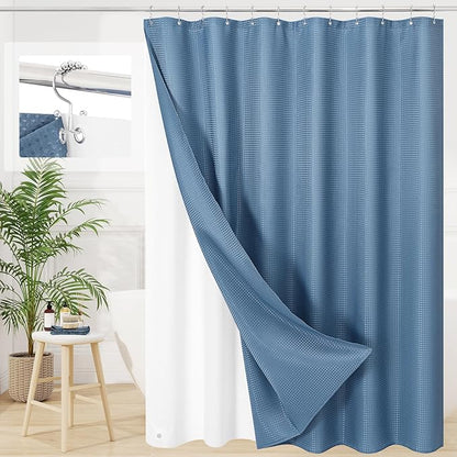 3 in 1 Shower Curtain Set, Moonlight Blue Waffle Shower Curtain and PEVA Liner Set with 12 Stainless Steel Shower Curtain Hooks, Fabric Cloth Shower Curtains for Bathroom, 72 W x 72 H