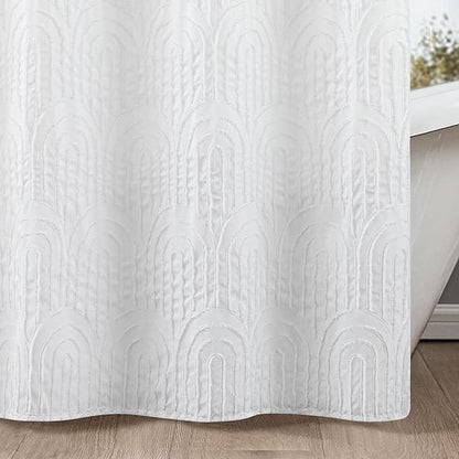 ROSERY No Hook Shower Curtain with Snap in Fabric Liner Set, Boho Farmhouse Jacquard Tufted Geometric Striped Shower Curtain for Bathroom with See Through Window, Arch Pattern, 71" W x 74" L