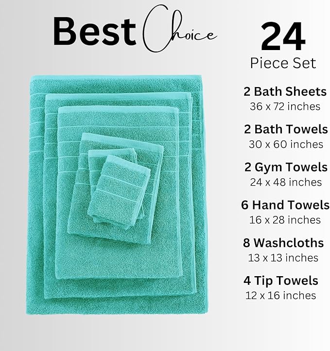Casa Platino 100% Cotton Towels for Bathroom – 24 Pc Set – Quick Dry, Soft & Absorbent Ring Spun Terry Fabric, Full Set for Family & Guests, Hotel Feel Everyday – Aqua Sky