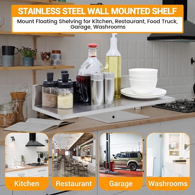Stainless Steel Wall Shelf 8.6"x16" 50LB, 2 Packs L-Shaped Commercial Wall Mount Floating Shelving for Kitchen, Restaurant, Home
