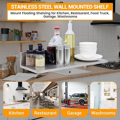 Stainless Steel Wall Shelf 8.6"x30" 60LB, 2 Packs L-Shaped Commercial Wall Mount Floating Shelving for Kitchen, Restaurant, Home
