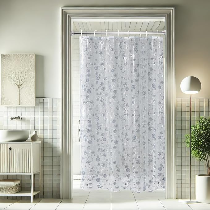 AooHome Plastic Small Shower Curtain Liner - EVA 3D Circle Pattern Design Bathroom Shower Curtain with Hooks, Bottom Magnets, 10G Heavy Duty, Water Repellent, Semi Transparent, 48x72 Inch