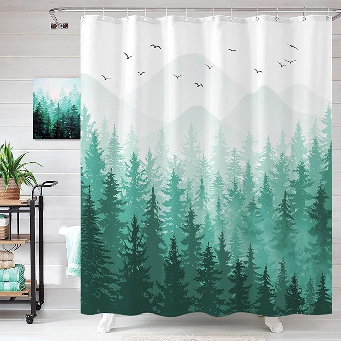 Aipon Teal Misty Forest Shower Curtain Ombre Nature Tree Plants Shower Curtains Fabric Waterproof Mountain Shower Curtain Sets for Bathroom Bath Decor with 12 Hooks (Teal, 72'' × 72'')
