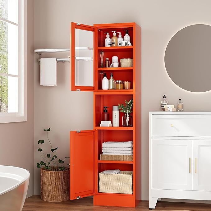 Metal Bathroom Storage Cabinet, Tall Narrow Cabinet with Glass Doors Ajustable Shelves Open Countertop, Slim Sideboard for Small Spaces, Living Room, Kicthen, Dining Room