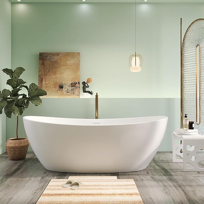 73" Premium Solid Surface Freestanding Bathtub, Contemporary Design Stand Alone Stone Resin Tub with Overflow and Pop-up Drain, Matte White