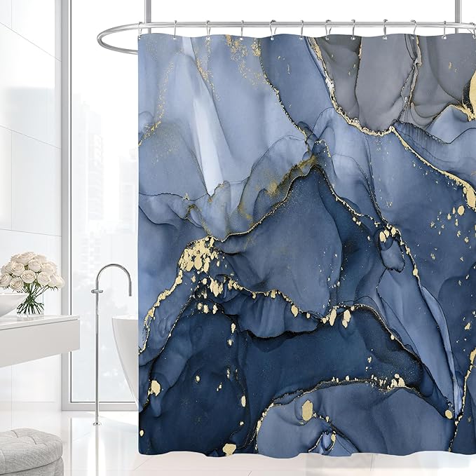 Long Shower Curtain 72 x 78 Inch, Tall Abstract Marble Shower Curtains for Bathroom Decor, Modern Luxury Art Decor Ink Texture Fabric Shower Curtain Set with Hooks, Navy Blue