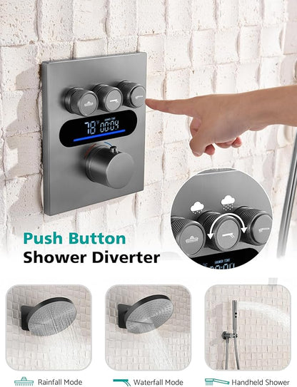 Lefton Shower System in Fahrenheit Display (Battery-free), 13” Overhead Round Rainfall Shower Head with All-in-one Handheld Spray Showerhead, 4-in-1 Control System, SSWM2501 (Grey)