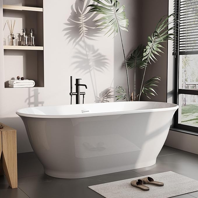 59" Acrylic Soaking Bathtub, Deep Modern Tub with Non-Slip Base, CUPC Certified, Space-Saving Bath with Chrome Drain and Overflow, Easy Install for Small Bathrooms, Gray