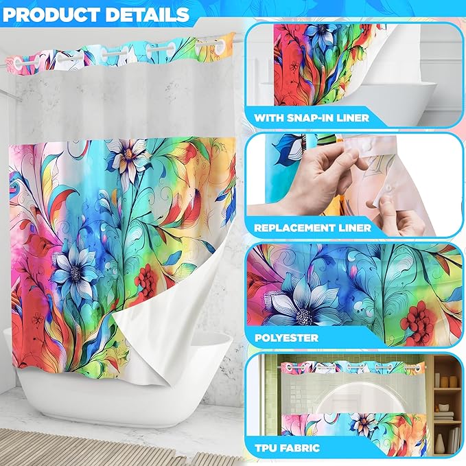 Hookless Boho Floral Shower Curtain with Snap-in Liner Set, Vibrant Watercolor Fabric, See Through Sheer Window, Washable, 3 Magnet Weights, No Hook, Waterproof, Farmhouse - Standard Size