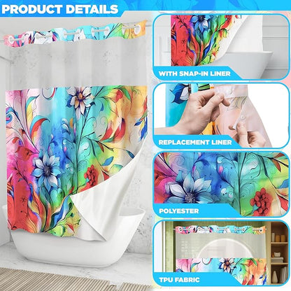 Hookless Boho Floral Shower Curtain with Snap-in Liner Set, Vibrant Watercolor Fabric, See Through Sheer Window, Washable, 3 Magnet Weights, No Hook, Waterproof, Farmhouse - Standard Size