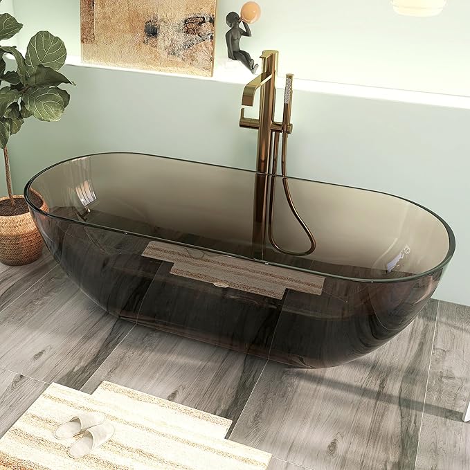 69" Premium Solid Surface Free Standing Bathtub, Unique Transparent Brown Stone Resin Tub with Pop-up Drain