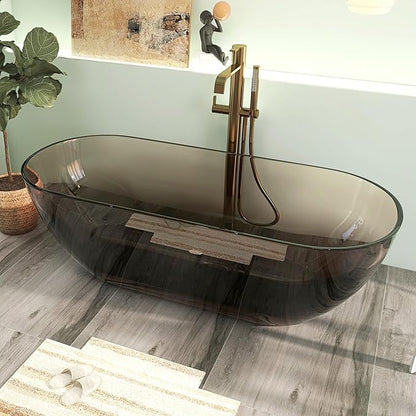 69" Premium Solid Surface Free Standing Bathtub, Unique Transparent Brown Stone Resin Tub with Pop-up Drain