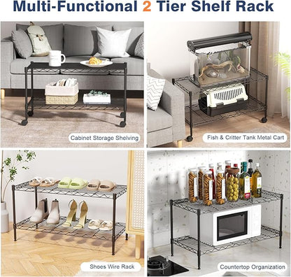 2-Tier Wire Shelving Unit,36" Wx18 Dx19.5 H,Wire Shelves Rack with Lockable Wheels,2 Shelf Height Adjustable Metal Storage for Living Room,Kitchen,Pantry,Closet,Office,Laundry