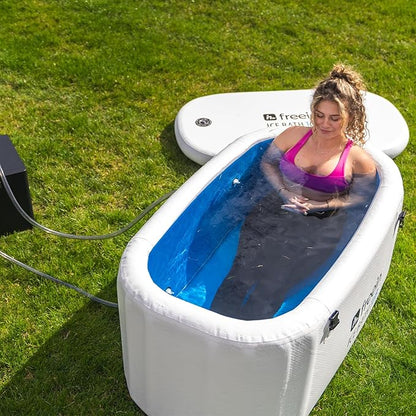 Freein Ice Bath Tub [XXL UPGRADED] - Cold Plunge Tub, Water Chiller Compatible, Inflatable, Portable, Foldable, Recovery Tub for Athletes, 54"x30"x24" - Outdoor, White/Wood