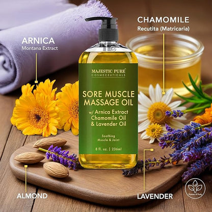 MAJESTIC PURE Arnica Sore Muscle Massage Oil for Massage Therapy - Refreshing, and Relaxing - Natural Oils with Lavender & Chamomile Essential Oils - All Skin Types - Men & Women - 8 fl oz (Pack of 2)