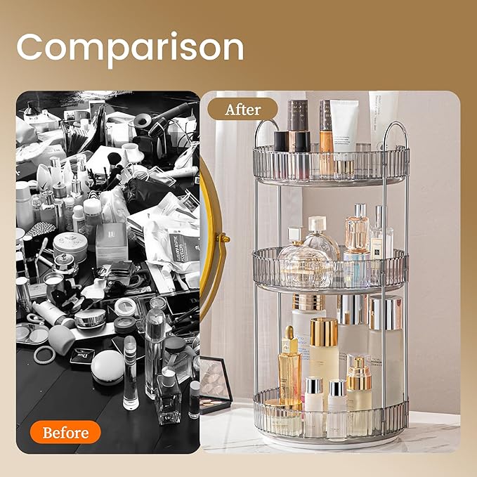 Aveniee Rotating Makeup Organizer for Vanity, 3 Tier Perfume Skincare Organizers and Storage for Bathroom Countertop, Clear Spinning Counter Cosmetic Holder for Dresser,Grey