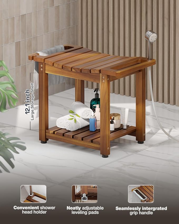 BLUEWEST Shower Bench Seat with Storage Shelf, Natural Wood Shower Benches for Inside Shower to Sit on, Waterproof Bathroom Spa Bench Stool for Legs Shaving with Built-in Handle & Shower Head Holder