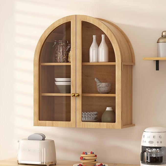 Small Arched Bathroom Wall Cabinet Modern Wooden Medicine Cabinet with Acrylic Doors Farmhouse Wall Mounted Cupboard Storage Organizer for Laundry Room, Dining Room, Natural Oak