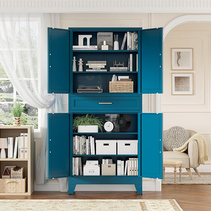 Metal Storage Cabinet with Drawer, 71" Tall Storage Cabinets with Adjustable Shelves,Blue Farmhouse Freestanding Kitchen Pantry Cabinet for Dining Room, Living Room