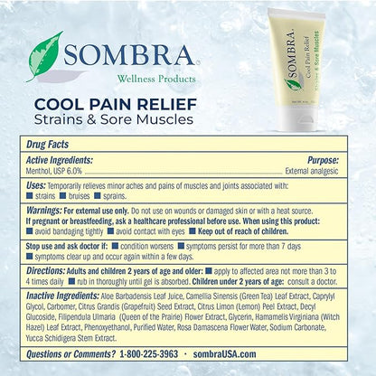 Sombra Cool Pain Relief Gel Cold Pain Relief for Swelling, Growing Pains, Soreness, Post-Workout, Vegan Formula Free of Artificial Fragrances, Dyes, NSAID, Wax, Petroleum, Alcohol - 3oz Flip-Top Tube