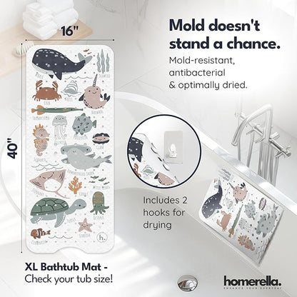 Bath Tub Mat Non Slip Anti Mold for Kids BPA Free INCL Hooks - homerella® Ocean Sea Animals 40x16, Baby Bath Mat Non Slip 200 Suction Cups, Non Toxic Machine Washable Toddler Bath Mat, EU Certified