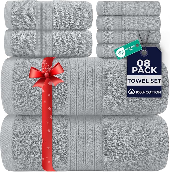 DAN RIVER 8 PC Luxury Bath Towels for Bathroom, 2 Bath, 2 Hand, and 4 Wash Cloths, 600 GSM 100% Ring Spun Cotton Towel Set, Highly Absorbent, Gym, Hotel, and Spa, Silver