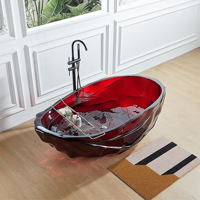 Cpingao 67" Resin Translucent Freestanding Bathtub, Modern Oval Stand Alone Tubs, Contemporary Transparent Resin Freestanding Bath 1700 MM with Drain Fiery Red 8852-1700-RED