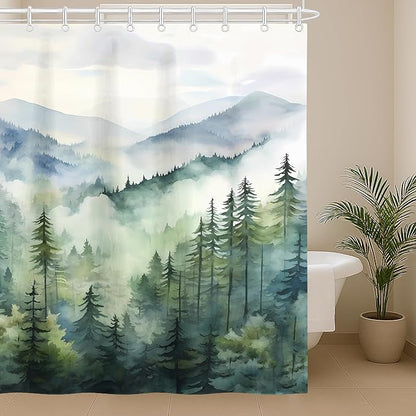 Coveted Goods 72" x 84" Mountain Forest Shower Curtain, Misty Pine Tree Landscape, Waterproof Polyester, Includes Grommets and Hooks, Machine Washable Nature-Inspired Bathroom Decor