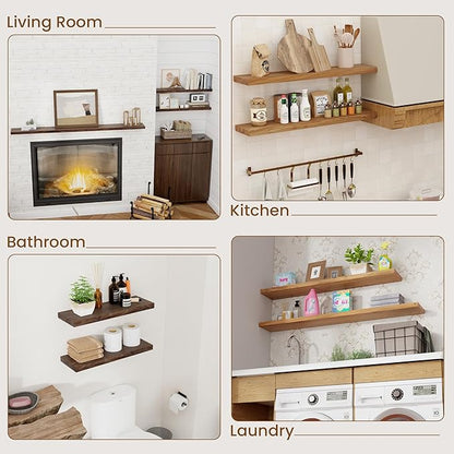 Floating Shelves for Wall Decor, 8 Inch Deep Rustic Solid Elm Wood Floating Shelves Wall Mounted, Wall Shelves with Invisible Bracket for Living Room Bathroom Bedroom Kitchen, 48 Inch Set of 1, Walnut