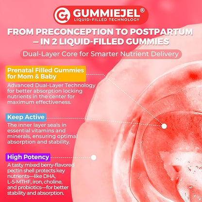Prenatal Multivitamin Gummy for Women w/Methylfolate 1mg, Iron Choline Omega-3(DHA+EPA), Prenatal Vitamins for Women Gummies, Postnatal Vitamins | Before,During & After Pregnancy, Sugar Free,120Cts